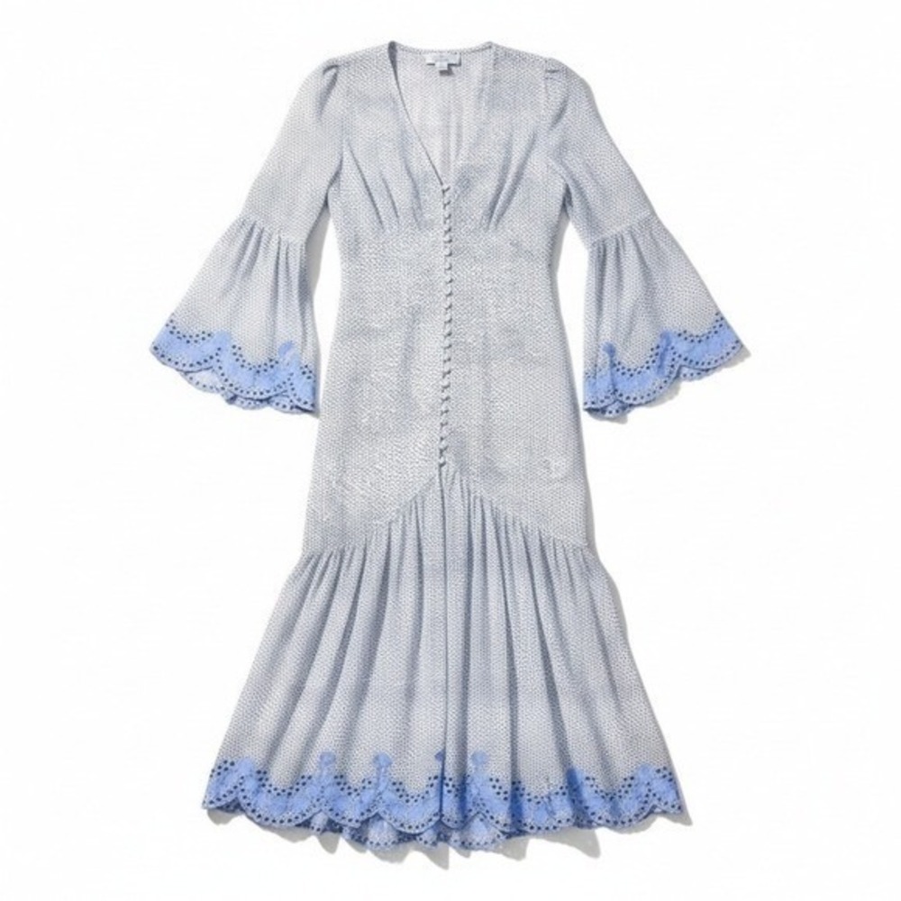 We Are Kindred Polka Dot Eyelet Maxi Dress Blue‎ White US 0 AU 4 Bell Sleeve